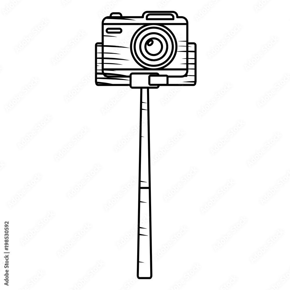 sketch of selfie stick with photographic camera icon over white background, vector illustration
