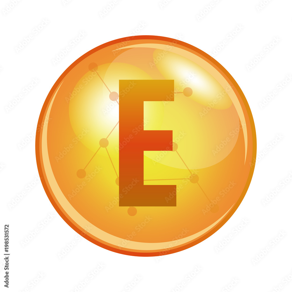 Vitamin E capsule. Vector icon for health. Gold shining pill. Vitamin E capsule. Vector icon for health. Gold shining pill.