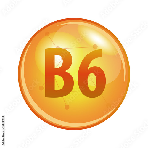 Vitamin B6 capsule. Vector icon for health. Gold shining pill.
