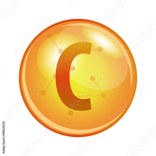 Vitamin C capsule - ascorbic acid. Vector icon for health. Gold shining pill.