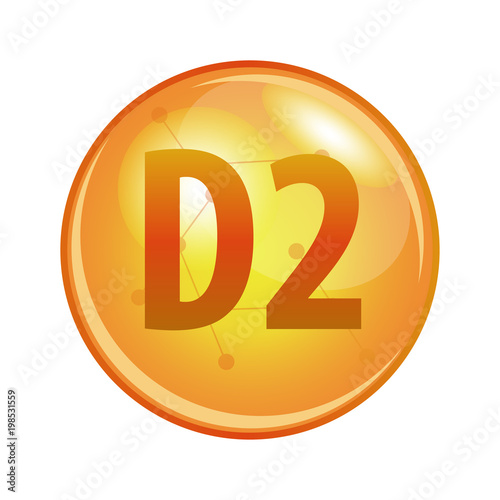 Vitamin D2 capsule. Vector icon for health. Gold shining pill.