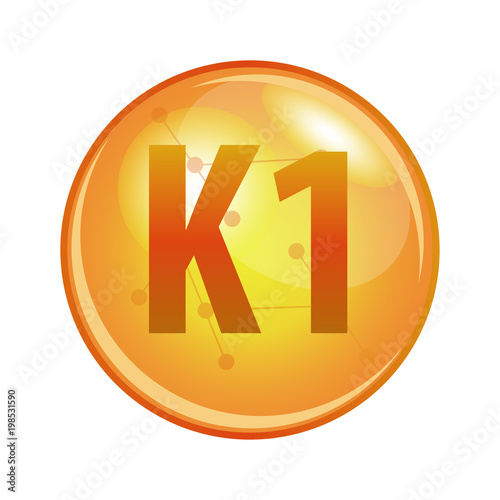 Vitamin K1 capsule. Vector icon for health. Gold shining pill.
