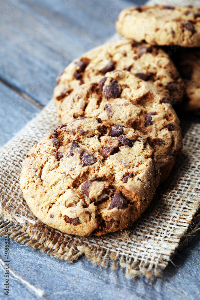 Chocolate cookies on wooden table. Chocolate chip cookies Chocolate cookies on wooden table. Chocolate chip cookies