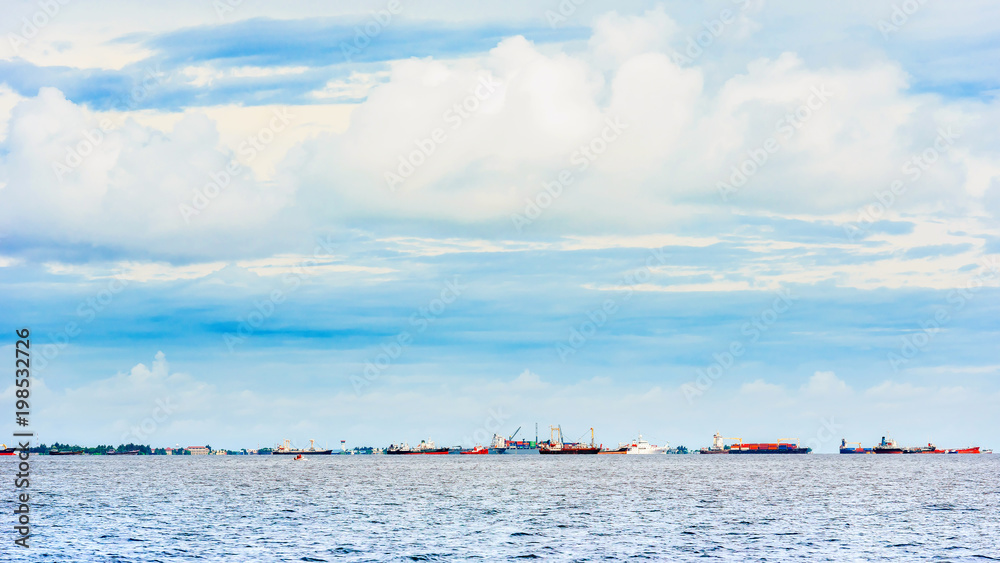 View of merchant boats in the port of Male, Maldives. Copy space for text.