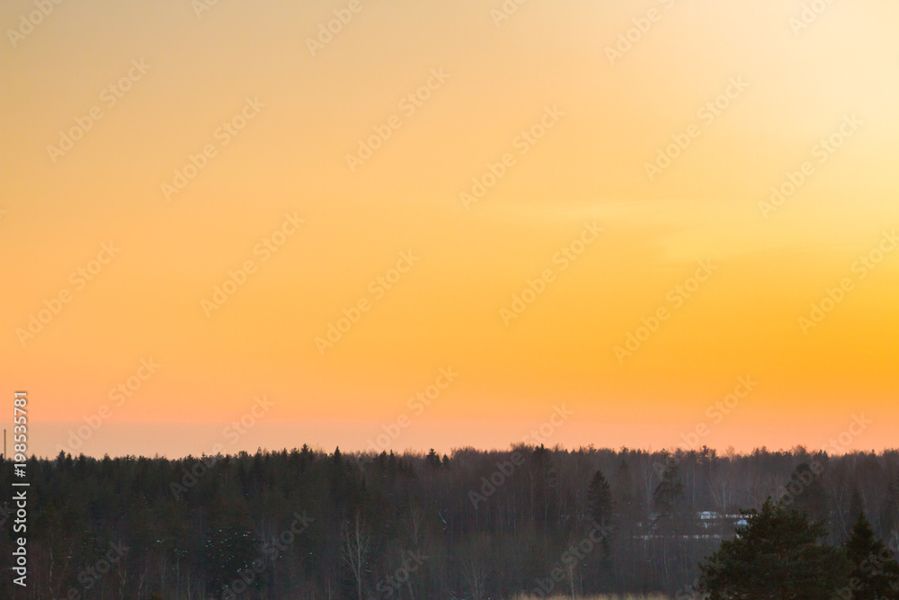 Bright beautiful sunset over the winter forest in early spring Bright beautiful sunset over the winter forest in early spring