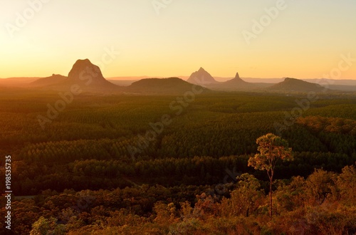 Glass House Mountains at sunset in Queensland, Australia. photo