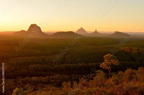 Glass House Mountains at sunset in Queensland, Australia.