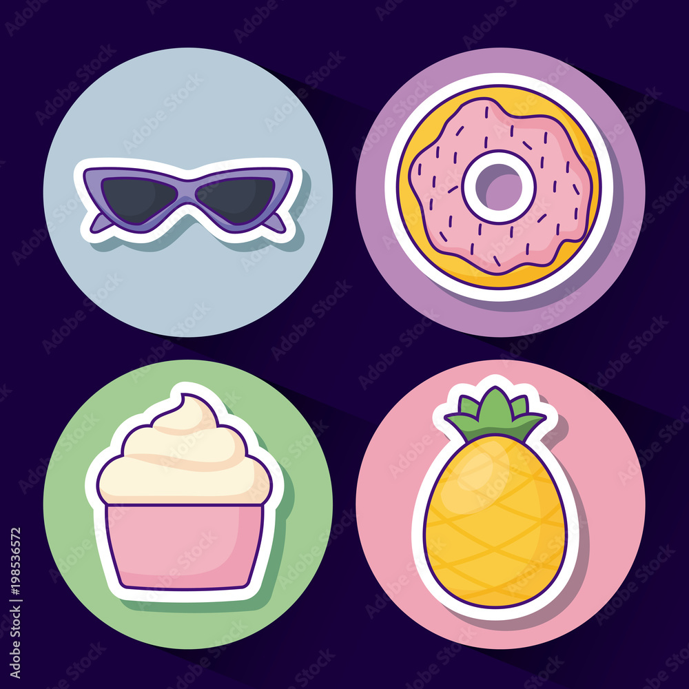 icon set of glasses and cute concept over colorful circles and blue background, vector illustration