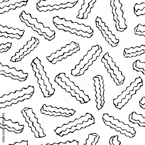 Seamless of French Fries Corrugated Potato Chips.Wave Chip. Snack Pattern.. Fried Potatoes. Corrugated Golden Chips.Fast Food Design. Realistic Hand Drawn Illustration. Savoyar Doodle Style.