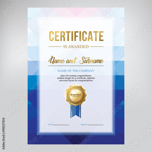 Valokuva Certificate design, diploma template, creative geometric blue background, vector