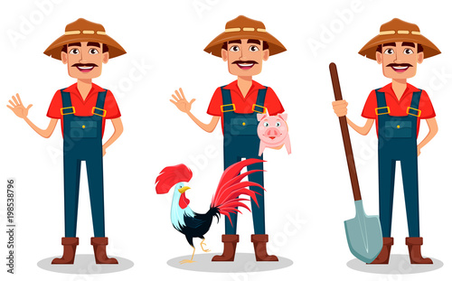 Farmer cartoon character set, waving hand, standing with farm animals and holding shovel