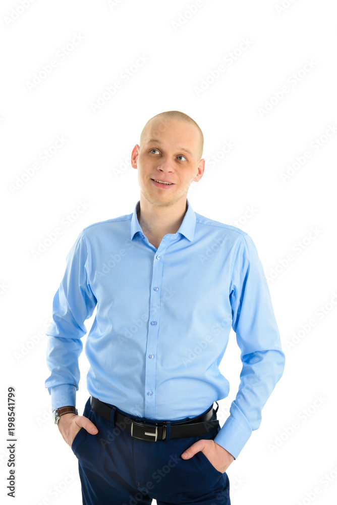 Handsome caucasian man in blue T-shirt looks thoughtfully up, generating ideas. Isolated over white background. Curiosity and Excitement.