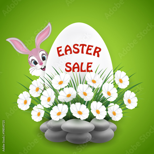 Easter Sale background with pink, cute bunny and lovely white flowers