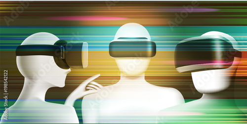 Abstract vr concept with three men in virtual reality headsets. Vector illustration. Virtual reality world and simulation.