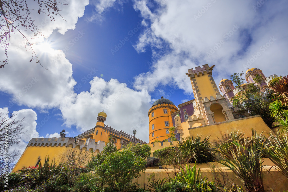 Close up view of the famous and historical Pena Palace of Sintra in a sunny day, in Portugal