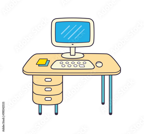 Computer on office table, workplace vector isolated.