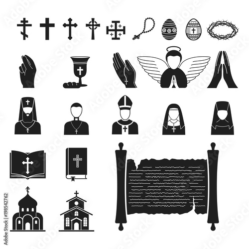 Christianity religion vector religionism flat illustration of traditional holy sign silhouette praying religionary christian faith religionist priest church traditional culture symbol.
