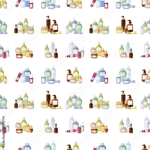 Bottles of cosmetic cosmetology lotion makeup beauty plastic liquid cream container fluid pack vector seamless pattern background illustration.