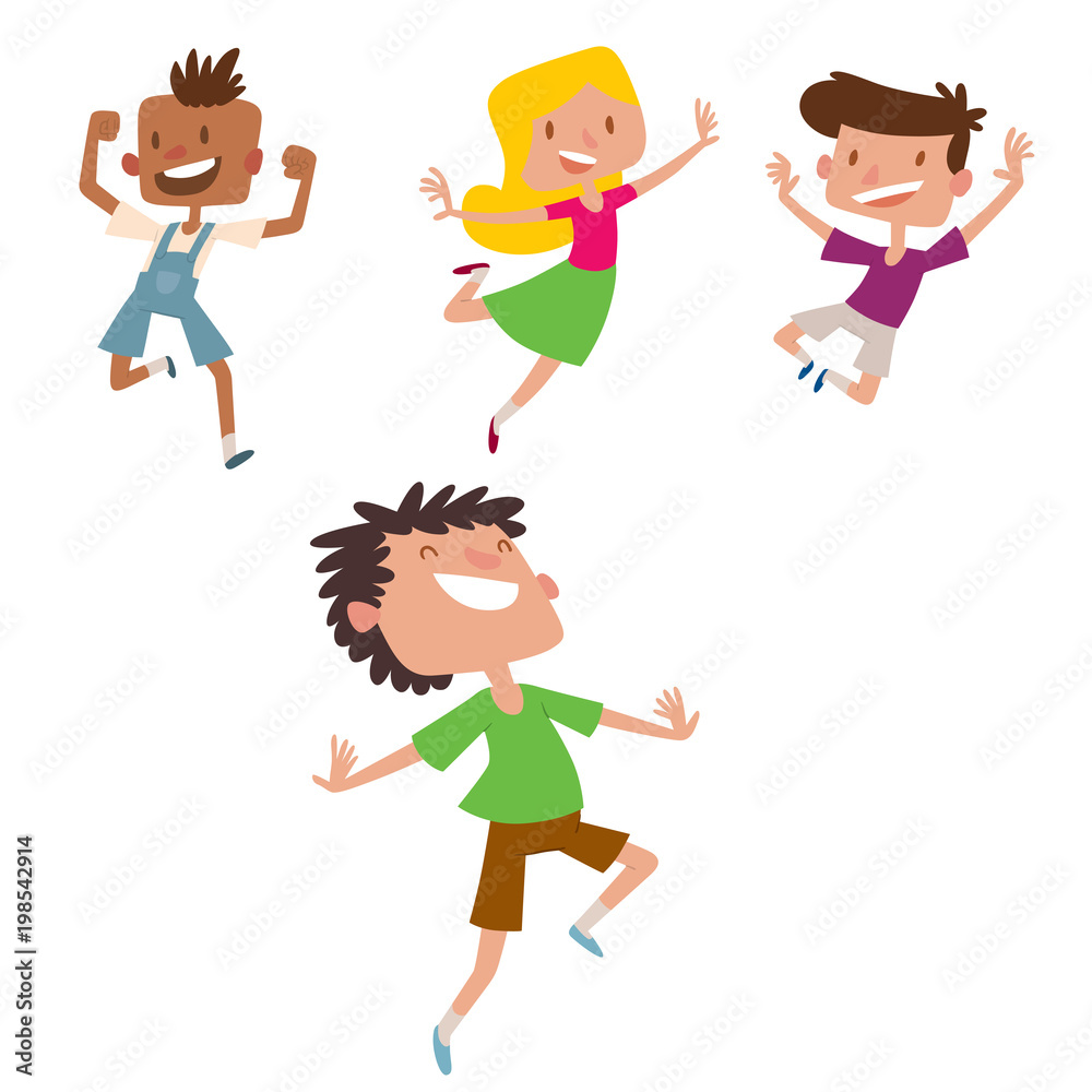 Happy children in different positions big vector jumping cheerful child group and funny cartoon kids joyful team laughing little people characters. Happy children in different positions big vector jumping cheerful child group and funny cartoon kids joyful team laughing little people characters.