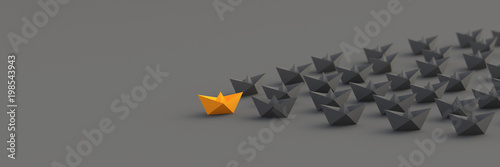 Leadership  success  and teamwork concept  orange leader boat leading black boats. 3D Rendering.