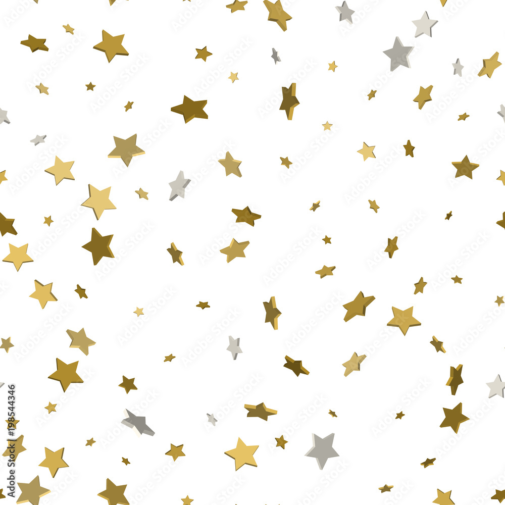 Abstract white modern seamless pattern with gold stars. Vector illustration.Shiny background. Texture of gold foil.