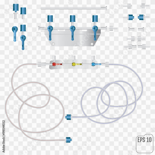 System for intravenous infusions with a converting device. Part of pressure monitoring kit.  Vector. Parts of the system for intravenous infusions