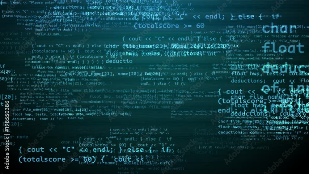 A matrix style 3d rendering of a cutting edge crypto coding program with flying blue texts, formulas, digits, tildes, asterisks, and other signs in the black background. 
