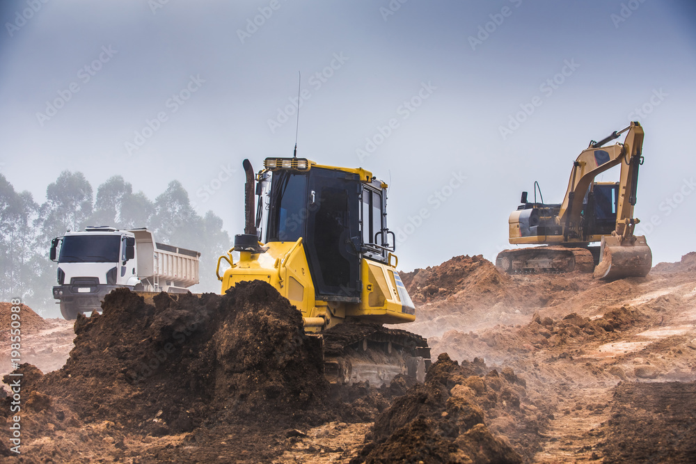 Machines excavating the soil from the beginning of the work