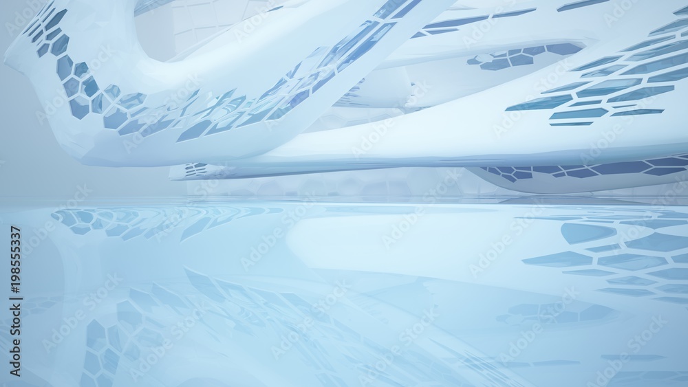 Abstract white and blue water parametric interior with window. 3D illustration and rendering. Abstract white and blue water parametric interior with window. 3D illustration and rendering.