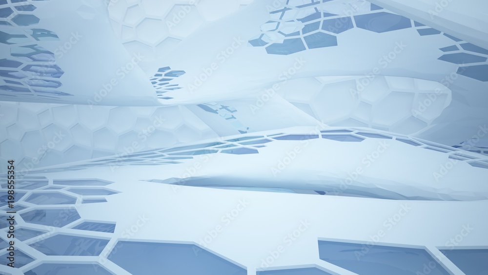 Abstract white and blue water parametric interior with window. 3D illustration and rendering. Abstract white and blue water parametric interior with window. 3D illustration and rendering.