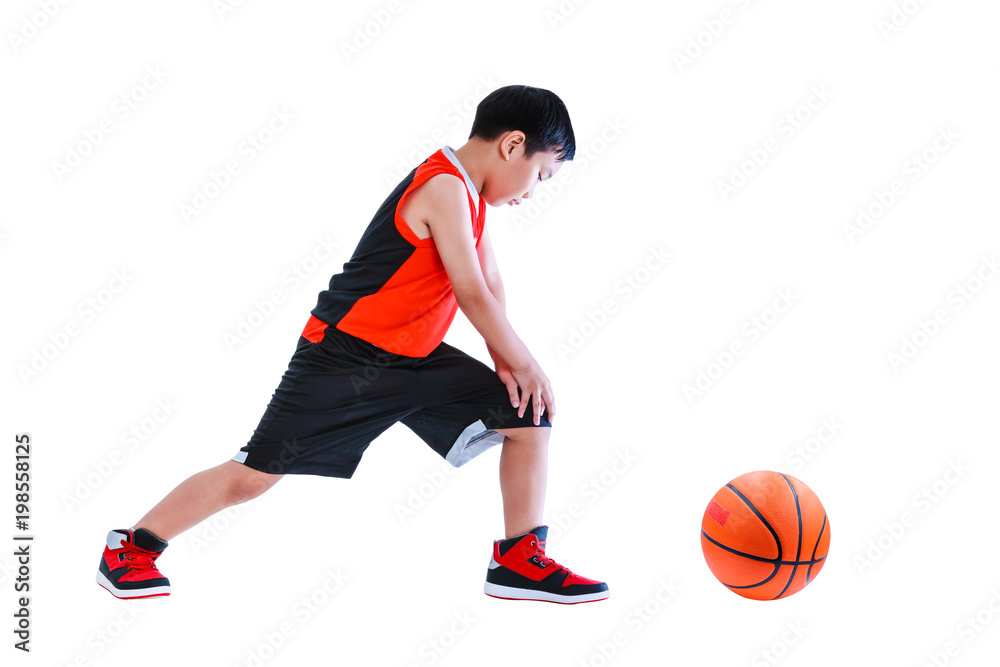 Asian child doing muscle stretching. Isolated on white background.