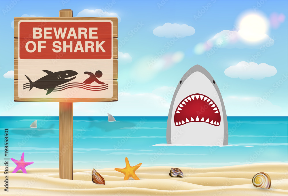 beware of shark sign on sea sand beach Stock Vector | Adobe Stock