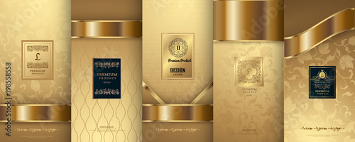 Collection of design elements,labels,icon,frames, for packaging,design of luxury products.for perfume,soap,wine, lotion. Made with golden foil.Isolated on flower background.vector illustration