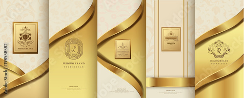Collection of design elements,labels,icon,frames, for packaging,design of luxury products.for perfume,soap,wine, lotion. Made with golden foil.Isolated on flower background.vector illustration
