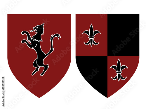 a set of two shields depicting a black cat and royal lilies as heraldic symbols