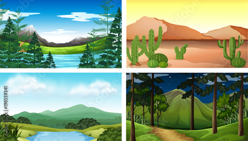 Four nature scenes with tree and mountains