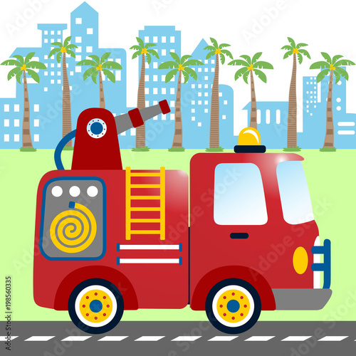 Fire truck cartoon on building background. Eps 10