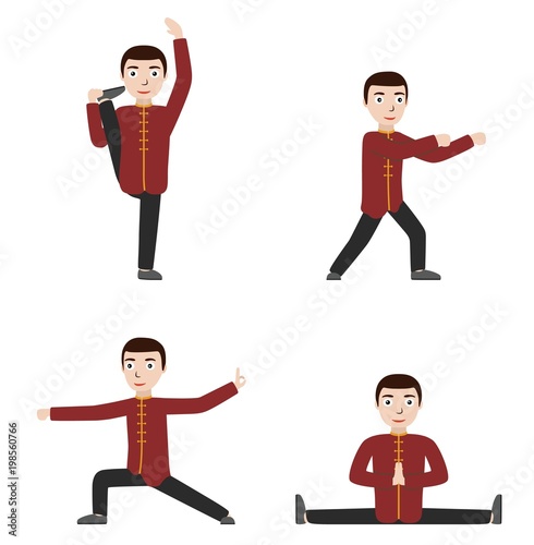 Man performing qigong or taijiquan exercises. Man practicing Tai Chi, qi gong. Flat style. Vector illustration.