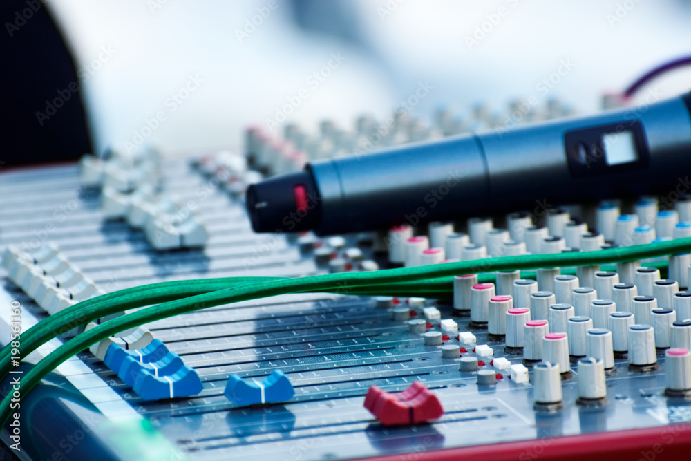 Close-up of sound recording audio mixer Close-up of sound recording audio mixer