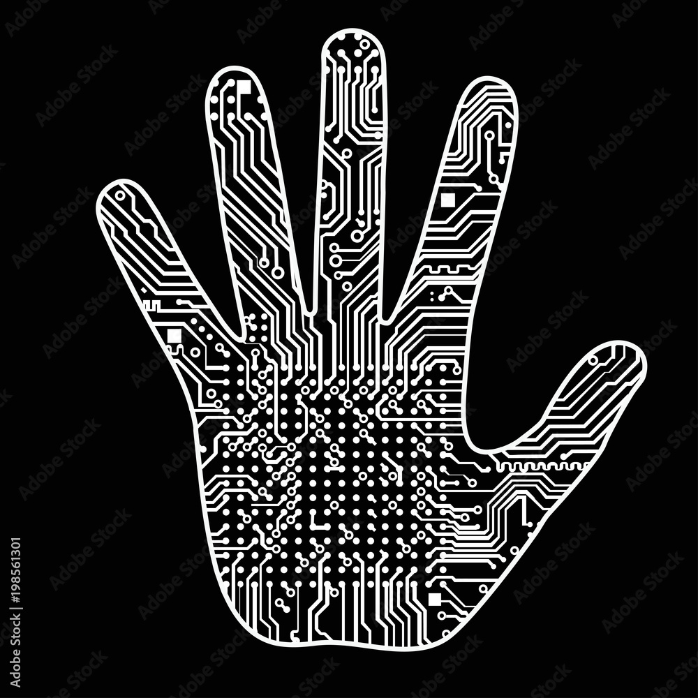 Naklejka premium Silhouette of a man hand with a high-tech computer circuit board pattern It can illustrate scientific ideas related to artificial intelligence, artificial neural networks, development of technology