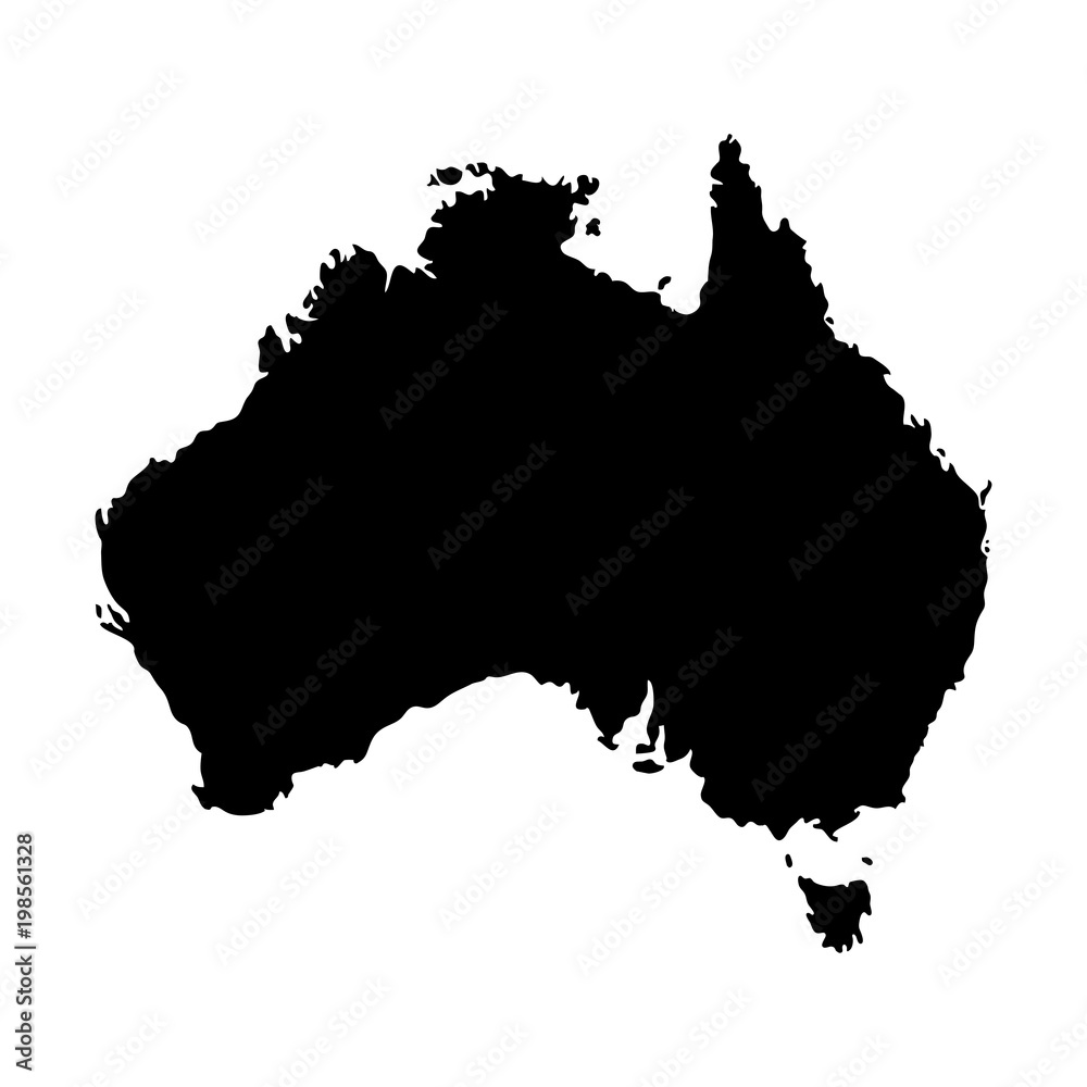 Silhouette map of Australia in black, isolated on white background.