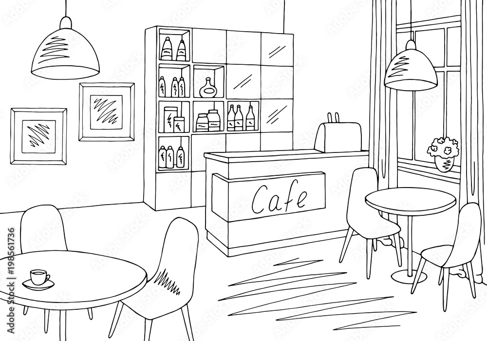 Cafe bar graphic black white interior sketch illustration vector