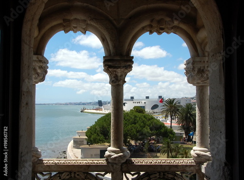 Tagus river  seen through a balcony of Belem tower. Lisbon, Portugal