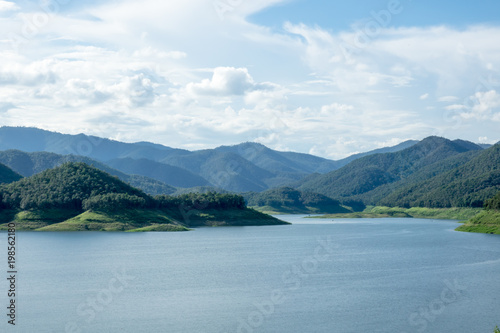 Lake with blue sky clouds background