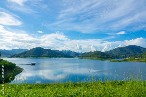 Lake with blue sky clouds background