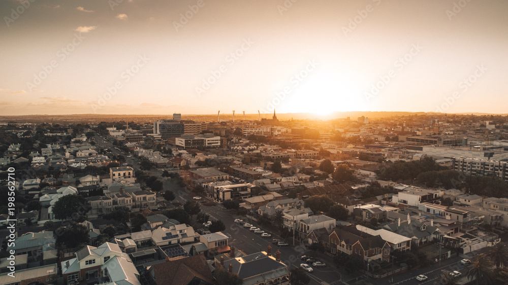 Aerial View of City at Sunset