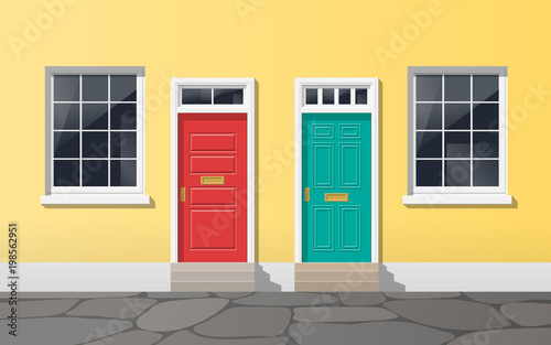 colorful house facade with two doors and windows