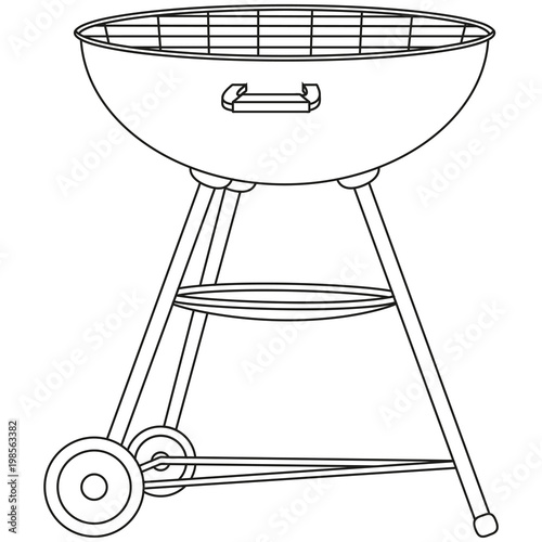 Line art black and white bbq grill on wheel