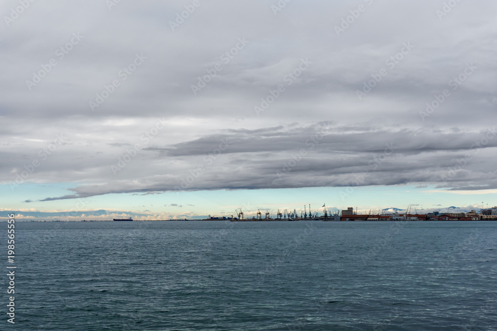 Cloudy sky over the harbor of Thessaloniki, Greece