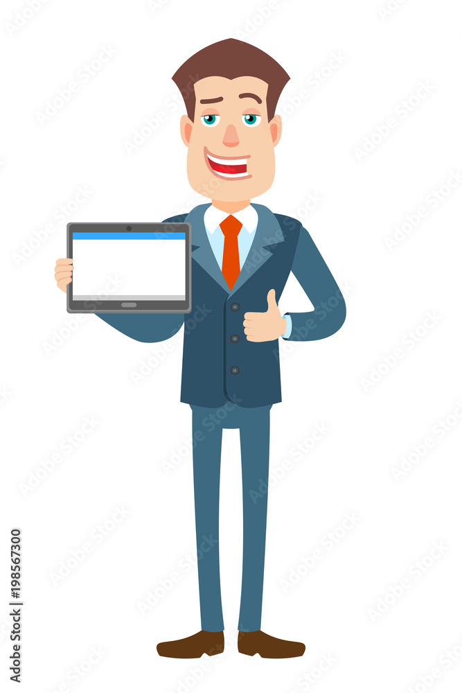 Businessman holding tablet PC and showing thumb up Businessman holding tablet PC and showing thumb up
